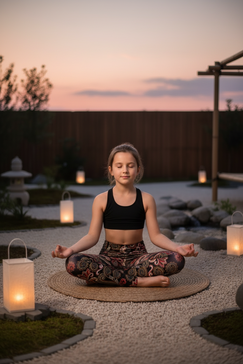 Child in zen meditation pose - Nocturnal Peace leggings