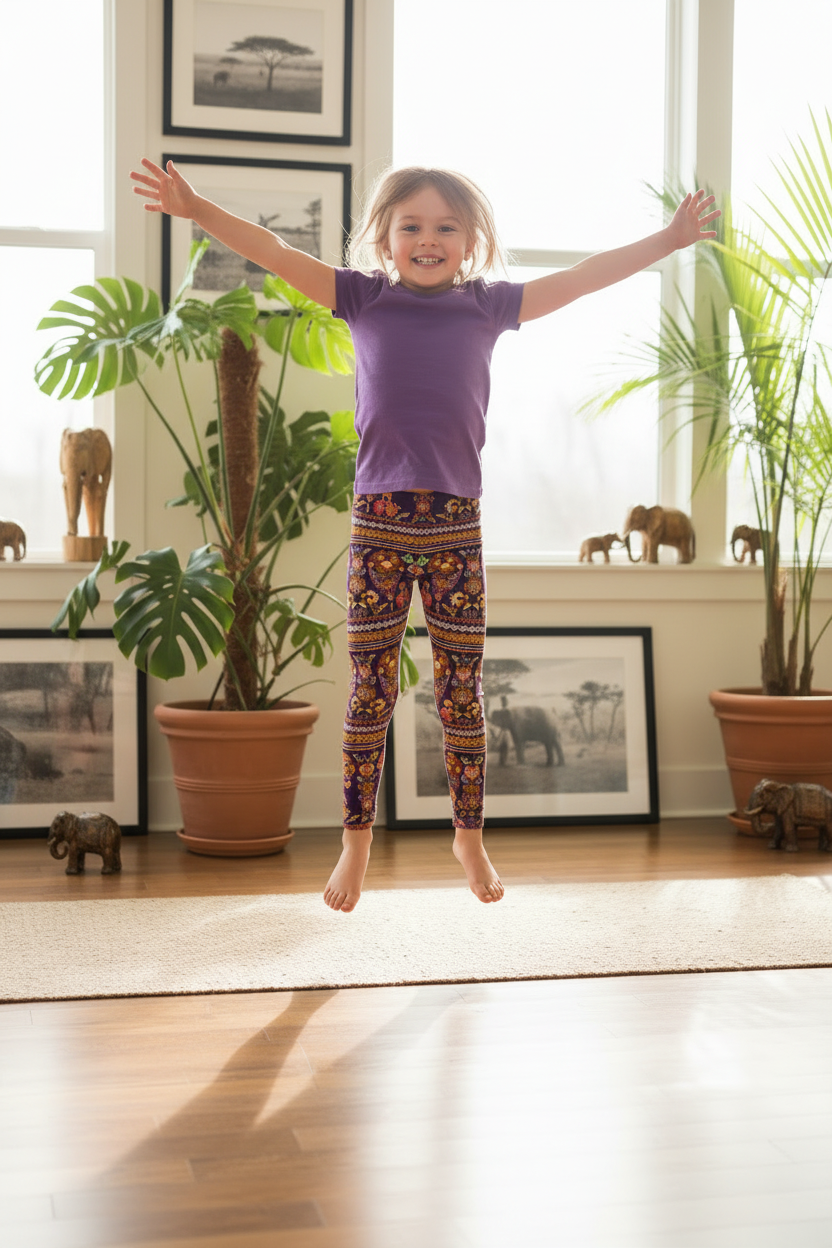 Child wearing Elephant Land leggings - indoor
