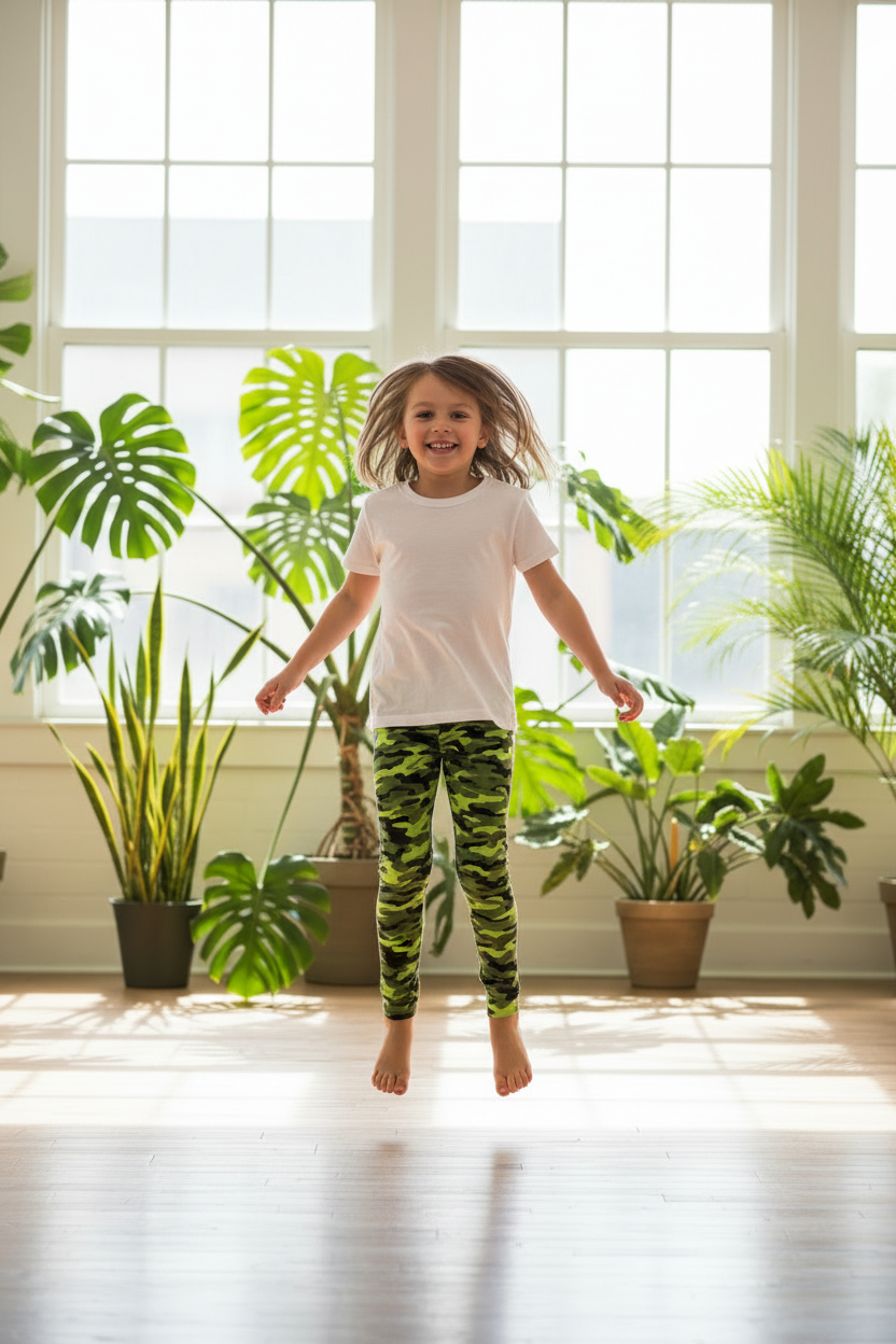 Child wearing Green Camo leggings - studio