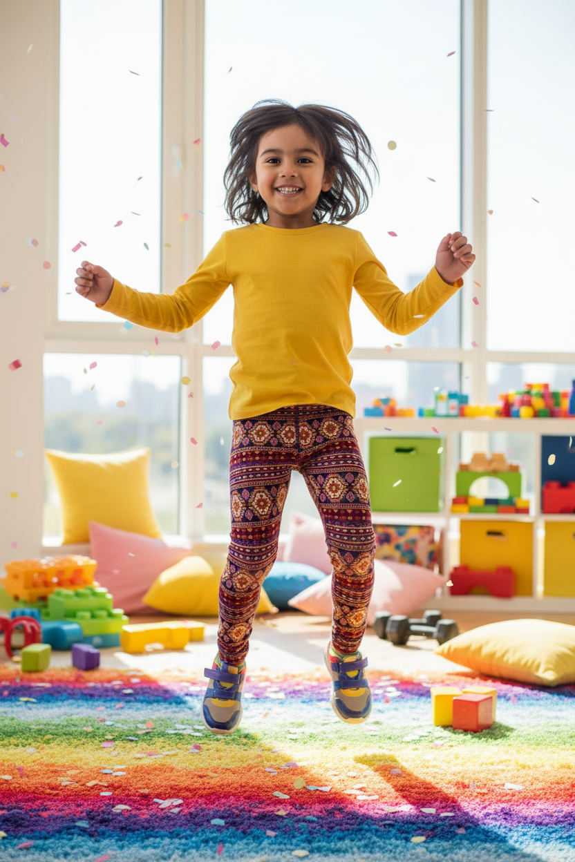 Child wearing Magic Carpet leggings - active