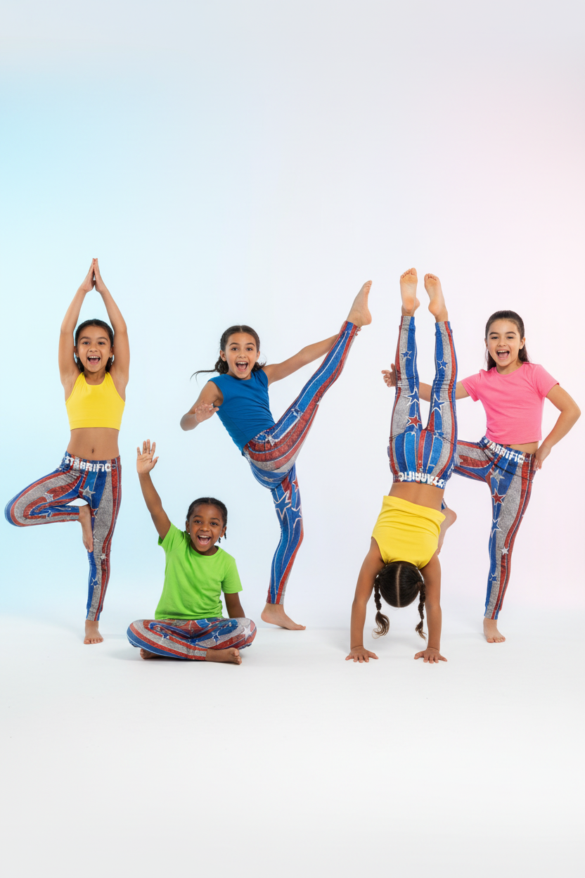 Kids models wearing colorful star print leggings