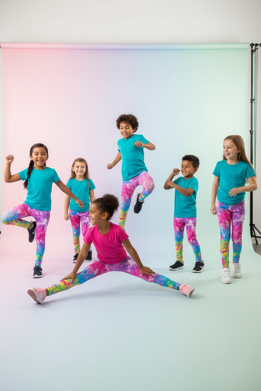 Kids models wearing taffy print leggings
