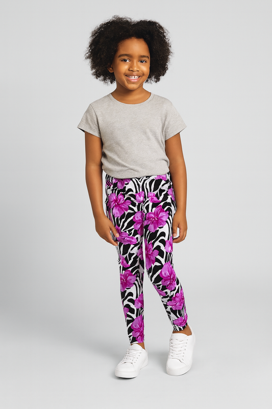 Zebra Hibiscus Leggings - Women's & Kids Animal Print Floral Activewear New Mixes