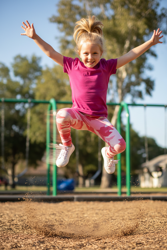 Active child in action wearing pink camo leggings
