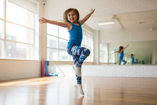 Child doing sports in blue camo leggings