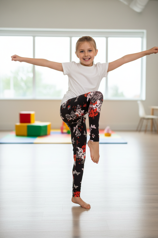 Child modeling butterfly leggings active pose