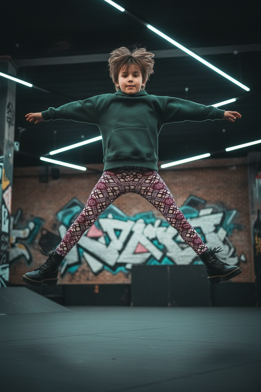 Child wearing Celtic Punk leggings - action
