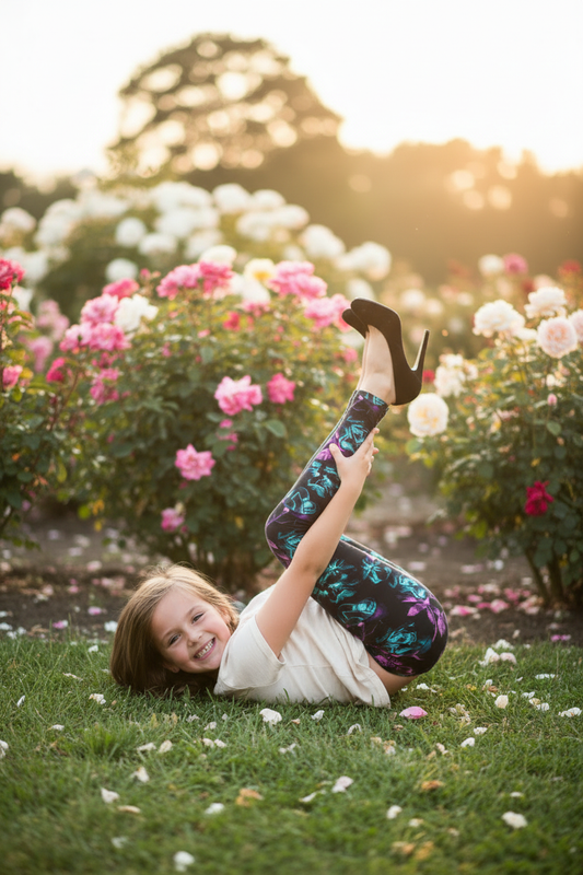 Child wearing Charmed Roses leggings - garden
