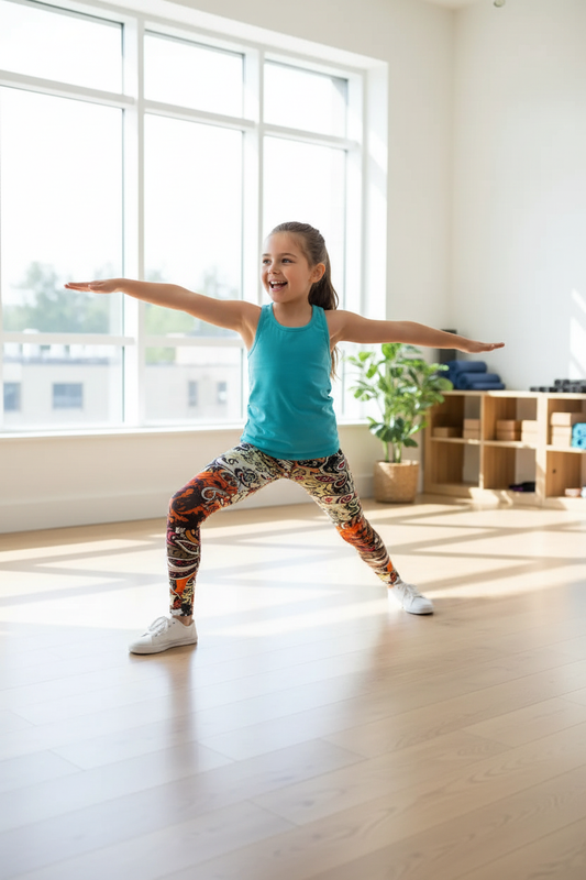 Child wearing Color Me Pretty leggings - yoga pose