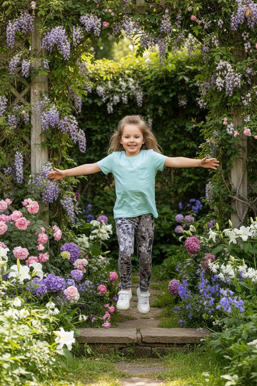Child wearing Divine Vines leggings - active