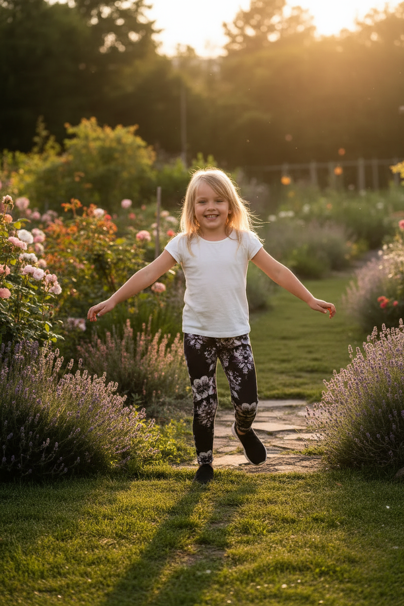 Child wearing Evening Bloom leggings - garden