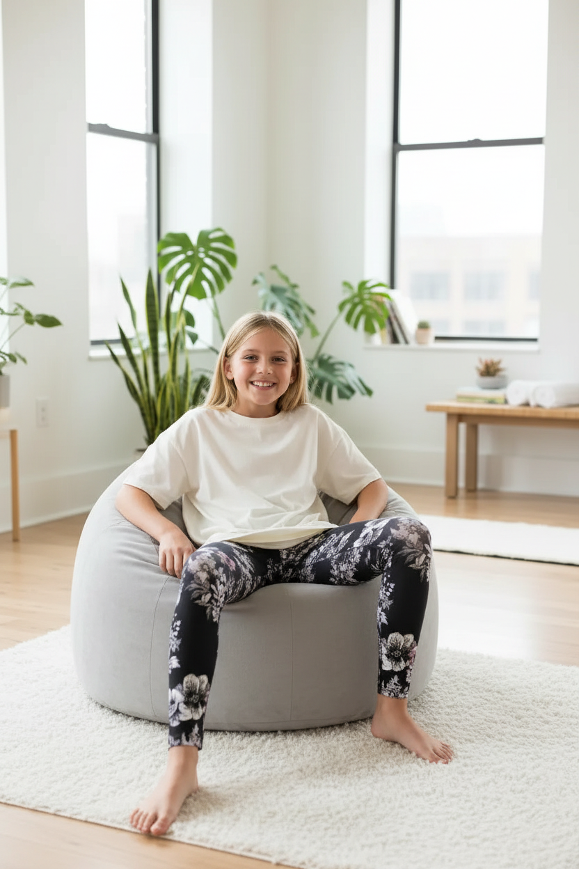 Child wearing Evening Bloom leggings - indoor