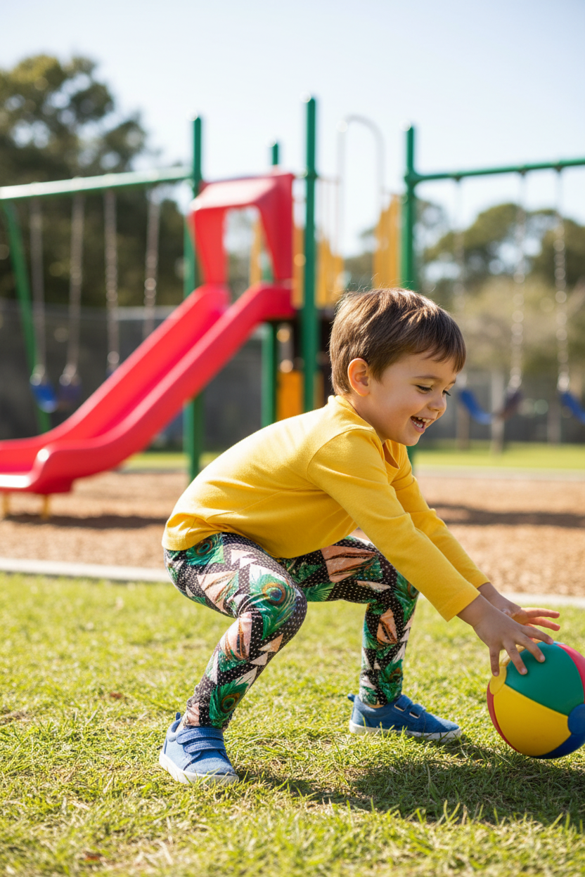 Child wearing Feathered Peacock leggings - active