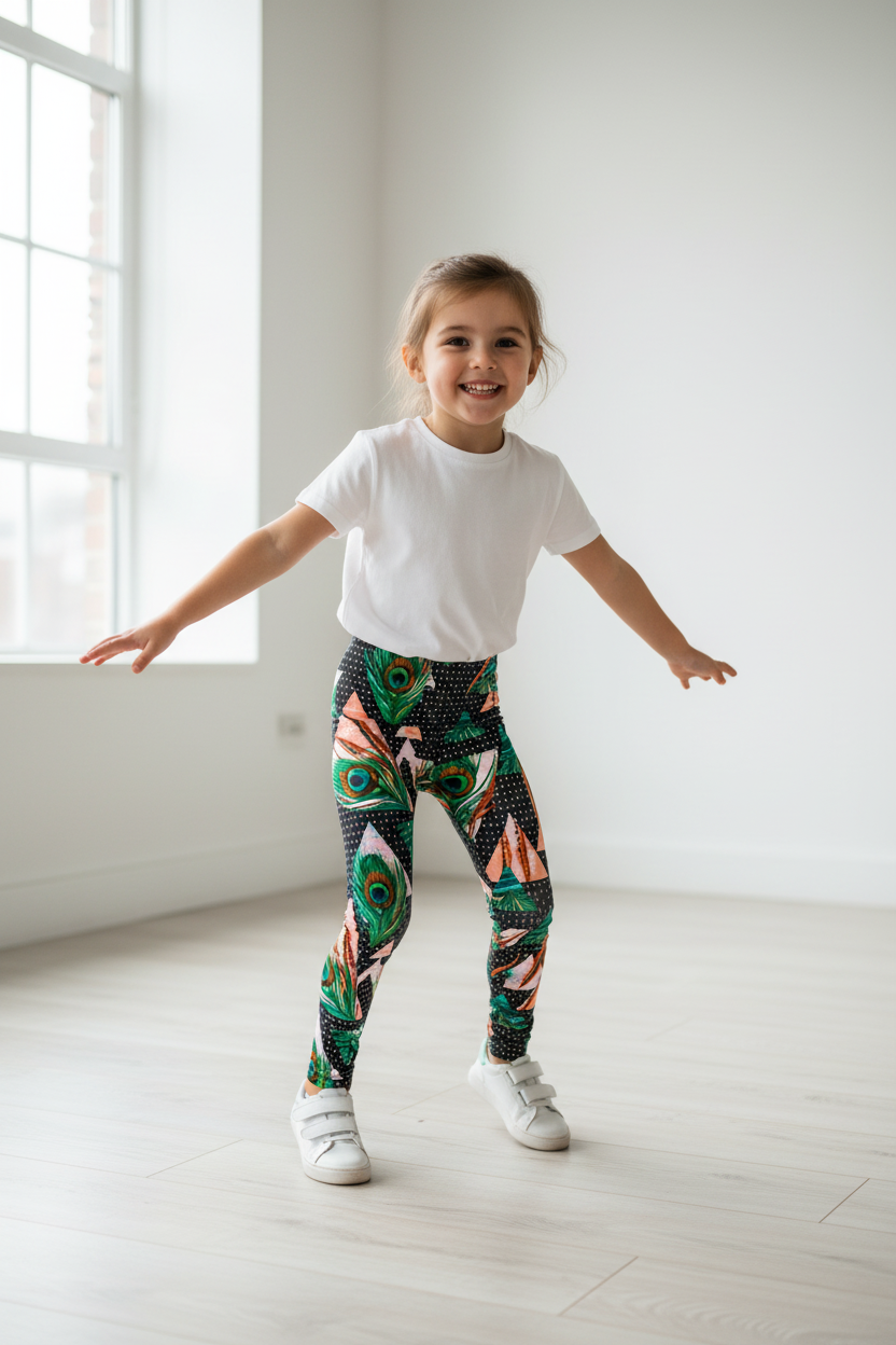 Child wearing Feathered Peacock leggings - pose 1