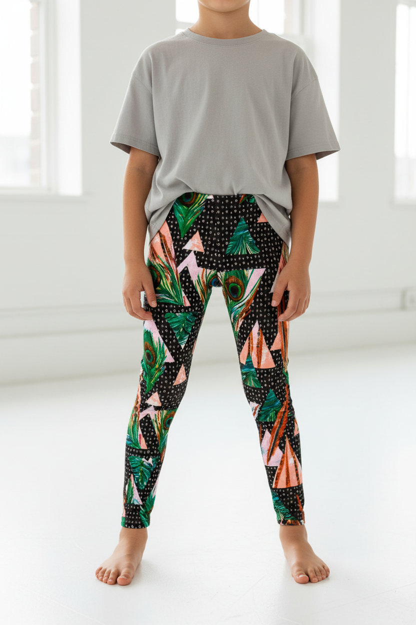 Child wearing Feathered Peacock leggings - standing