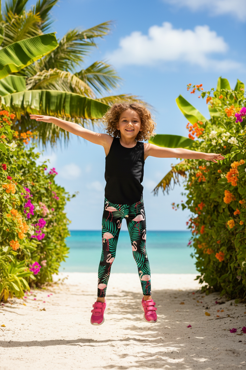 Child wearing Flamingo Paradise leggings - full body