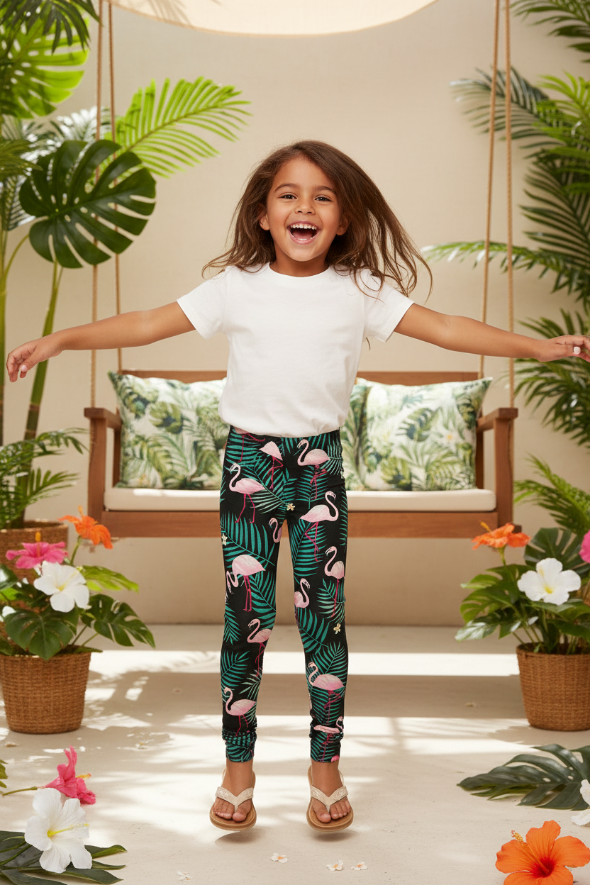 Child wearing Flamingo Paradise leggings - lifestyle