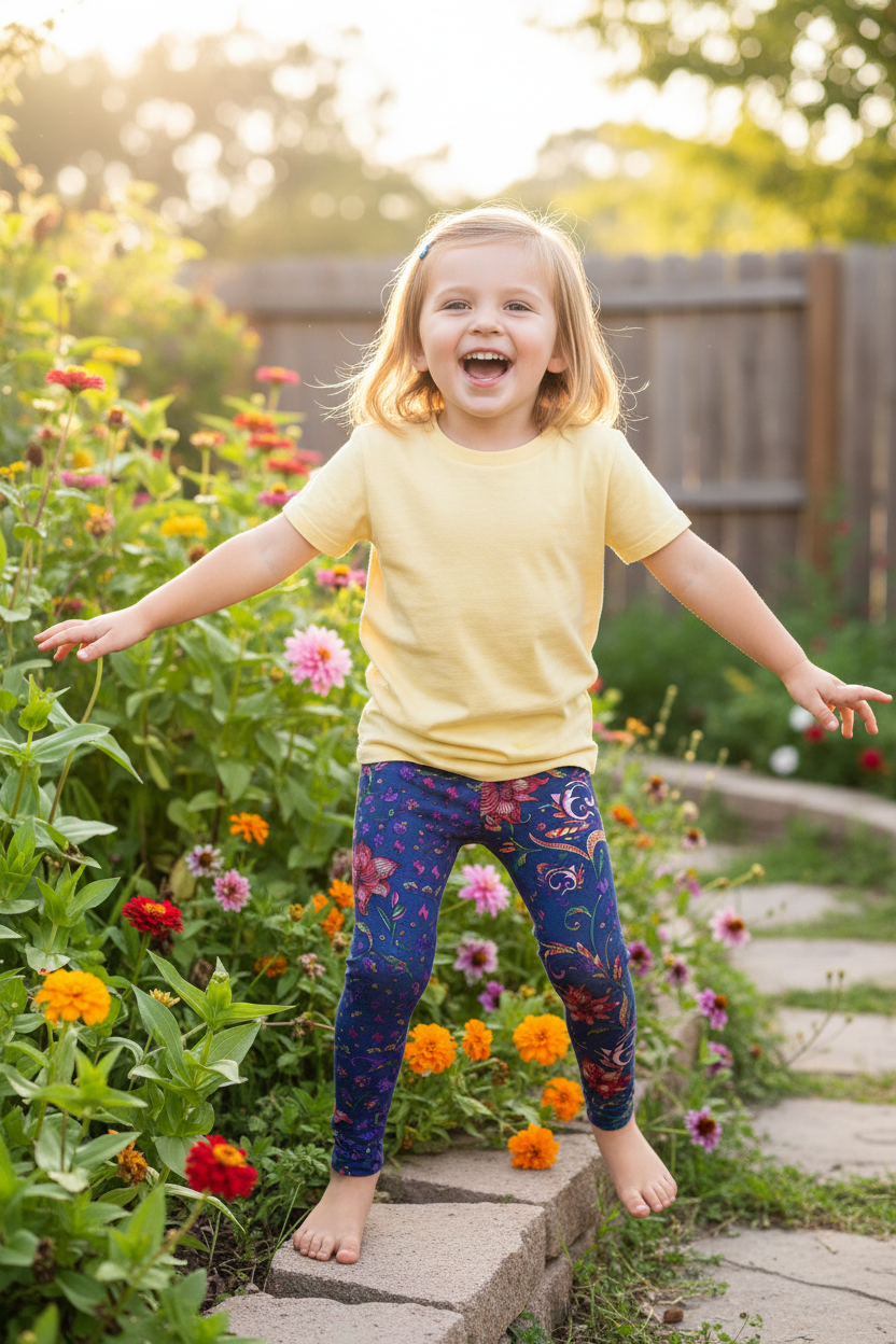 Child wearing Garden Giggles leggings - lifestyle