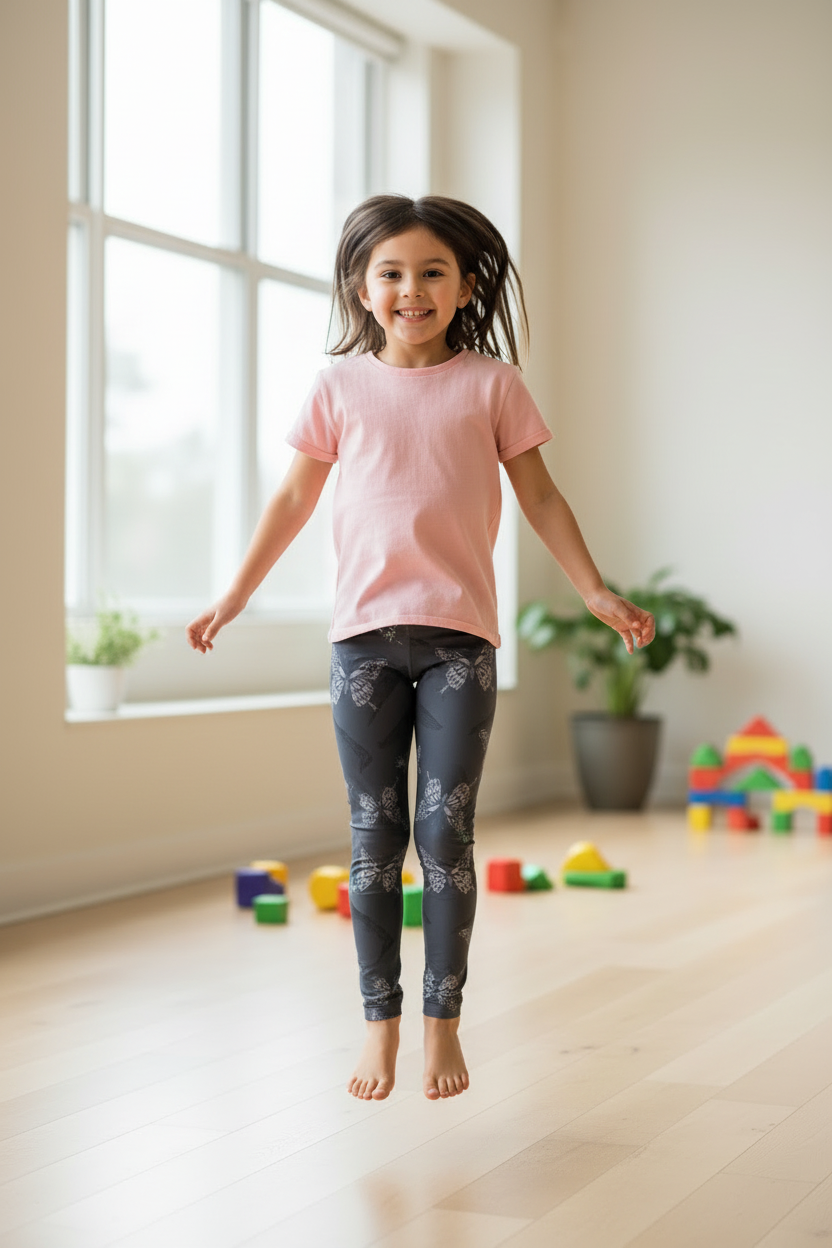 Child wearing Gray Butterfly leggings - pose 1