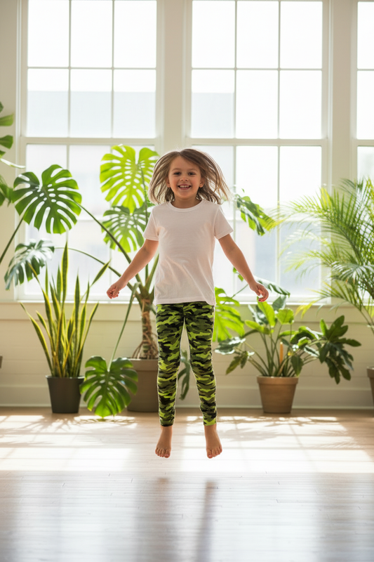 Child wearing Green Camo leggings - studio