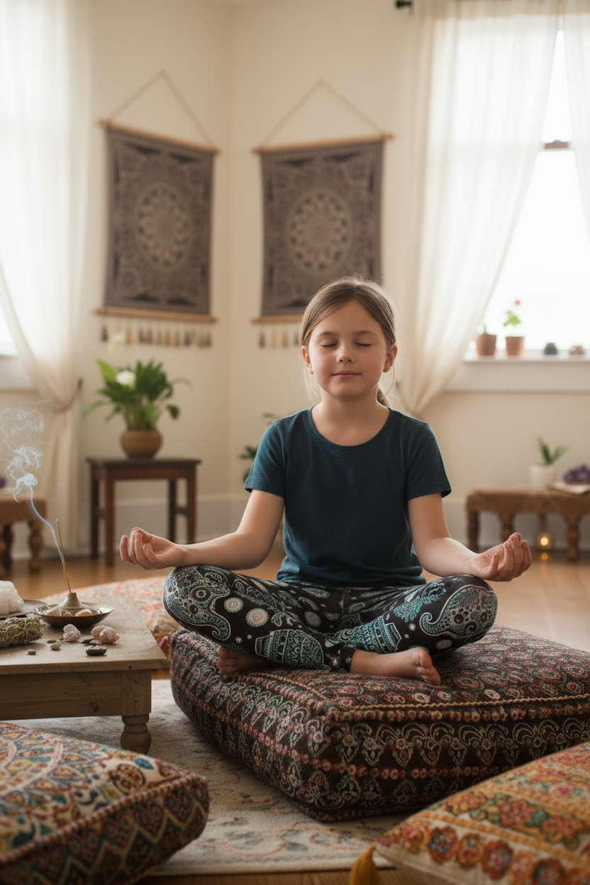 Child wearing Henna Elephant leggings - meditation