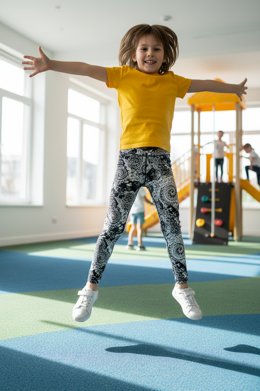 Child wearing Hypnotic Spiral leggings - active