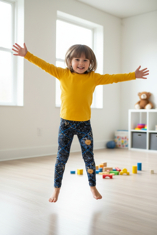 Child wearing Midnight Beauty leggings - active