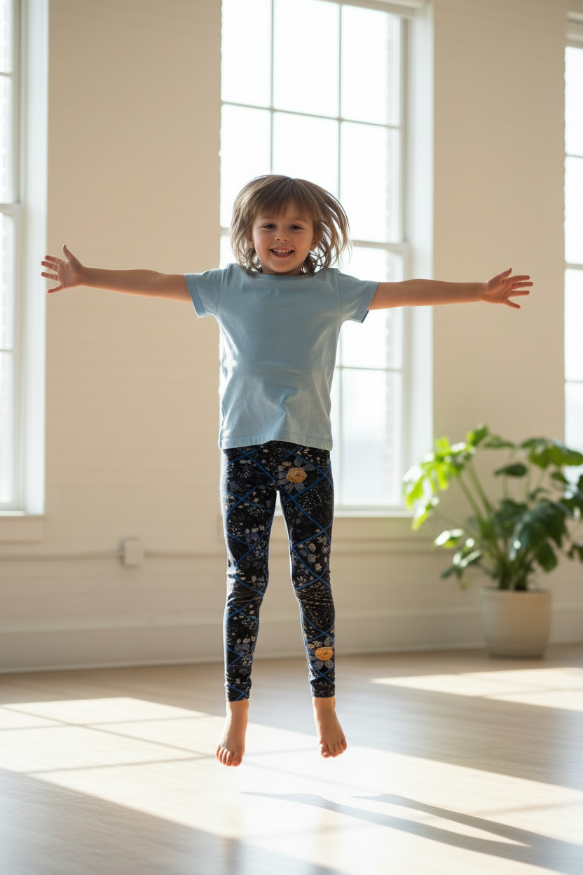 Child wearing Midnight Beauty leggings - pose