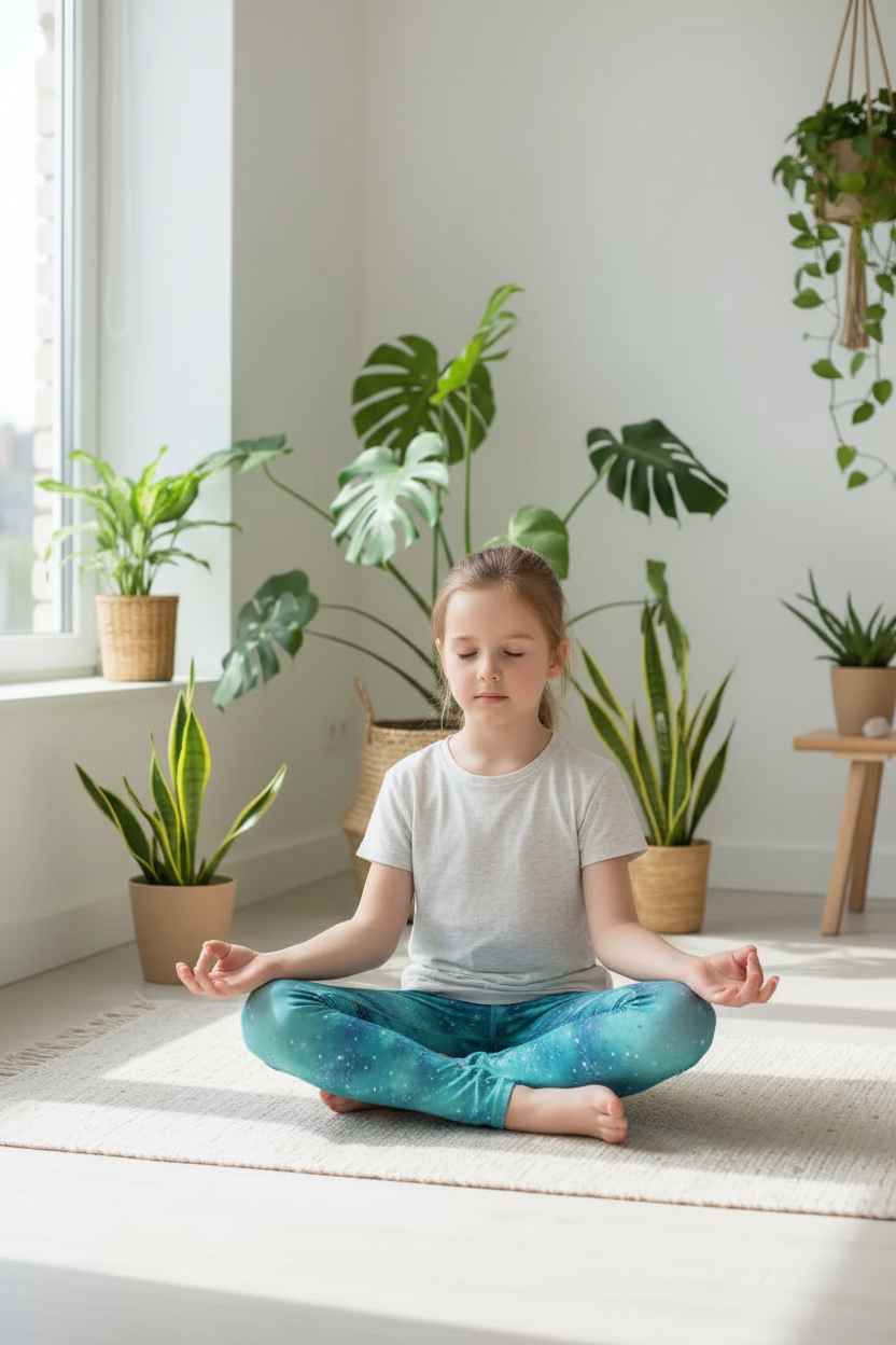 Child wearing Minty Teal Galaxy leggings - meditation