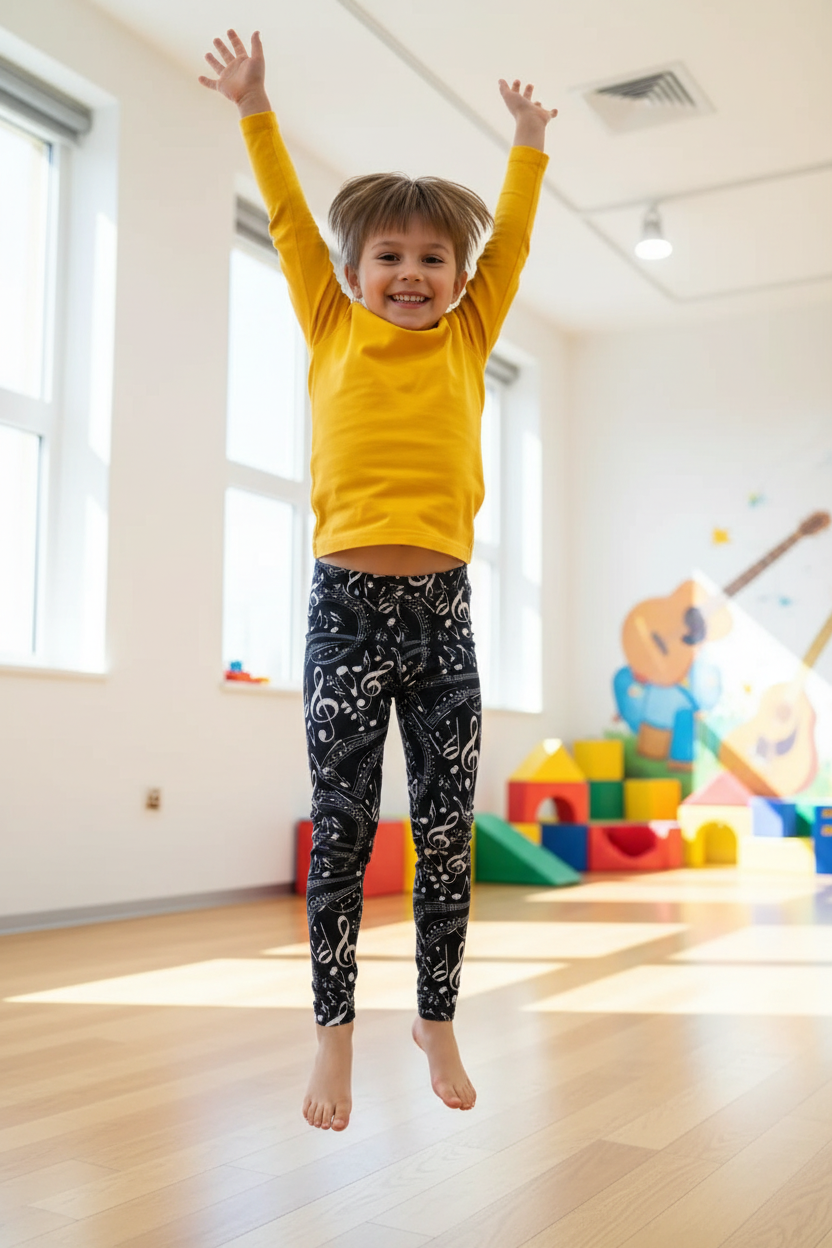 Child wearing Musical Note leggings - active