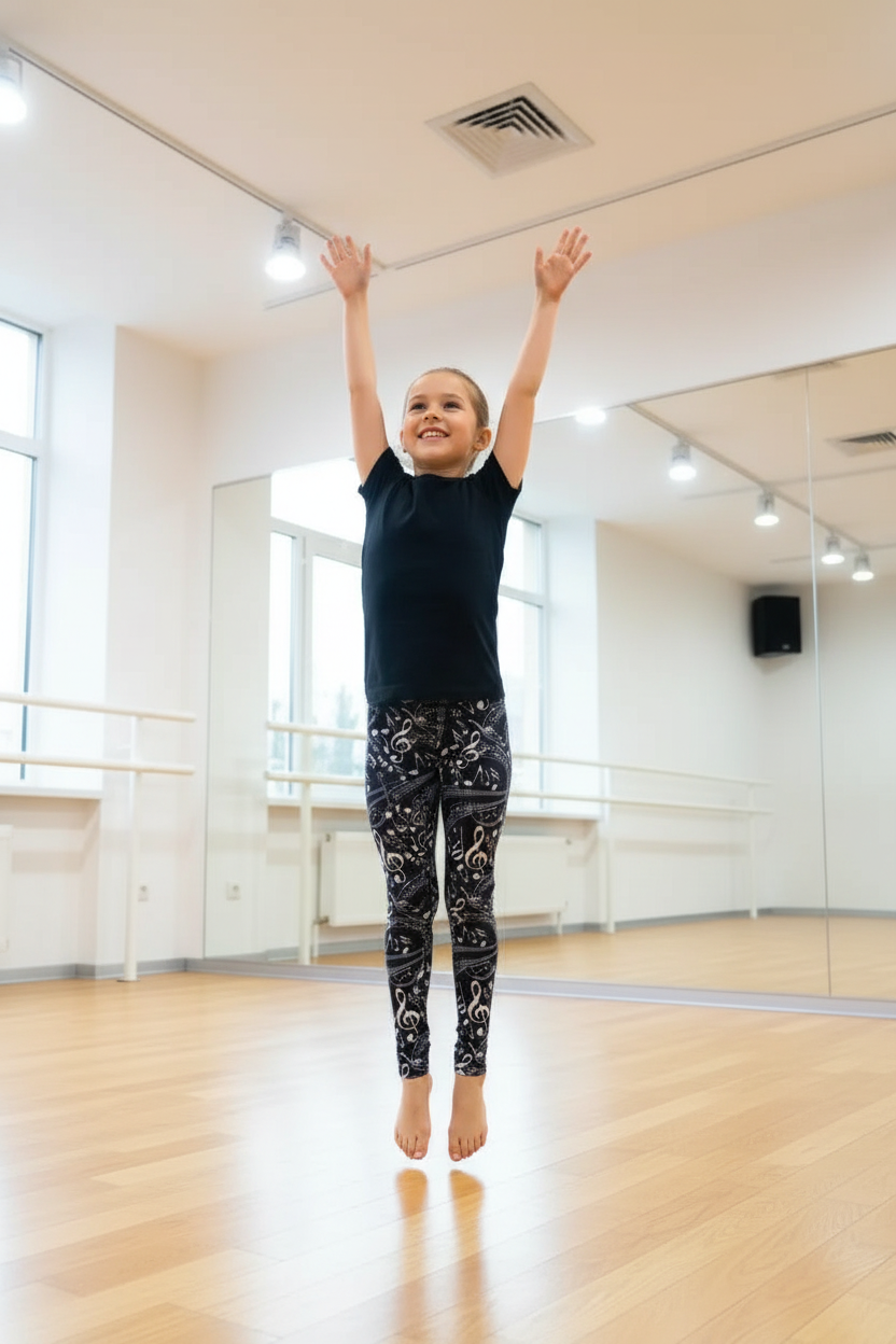 Child wearing Musical Note leggings - dance
