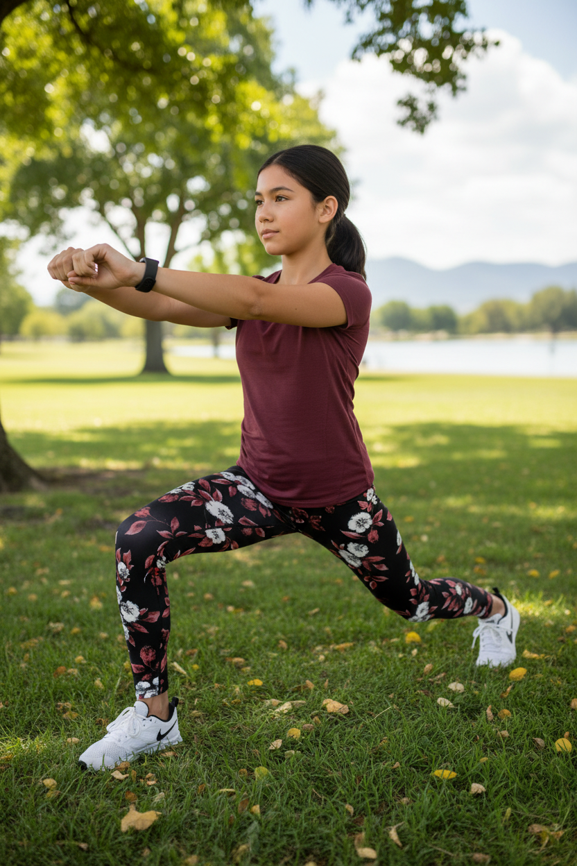Child wearing Nocturnal Bloom leggings - active pose