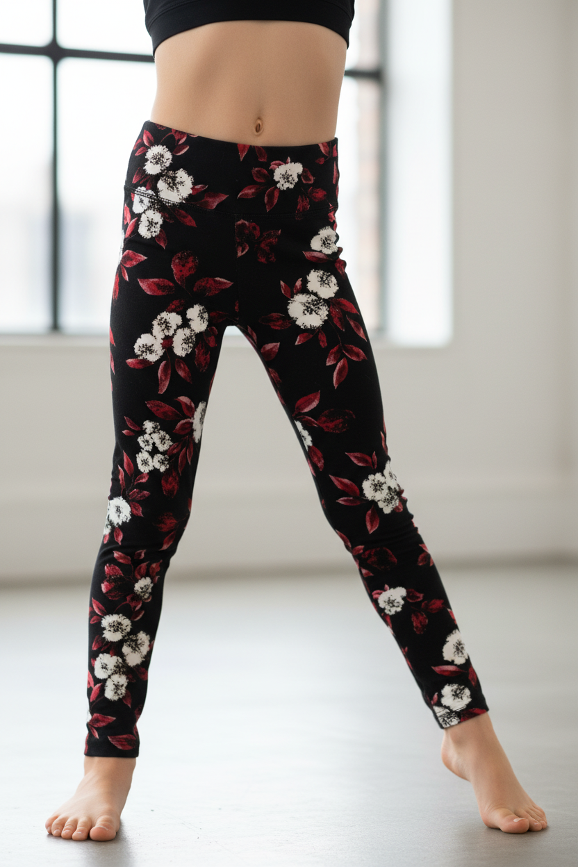 Child wearing Nocturnal Bloom leggings - detail