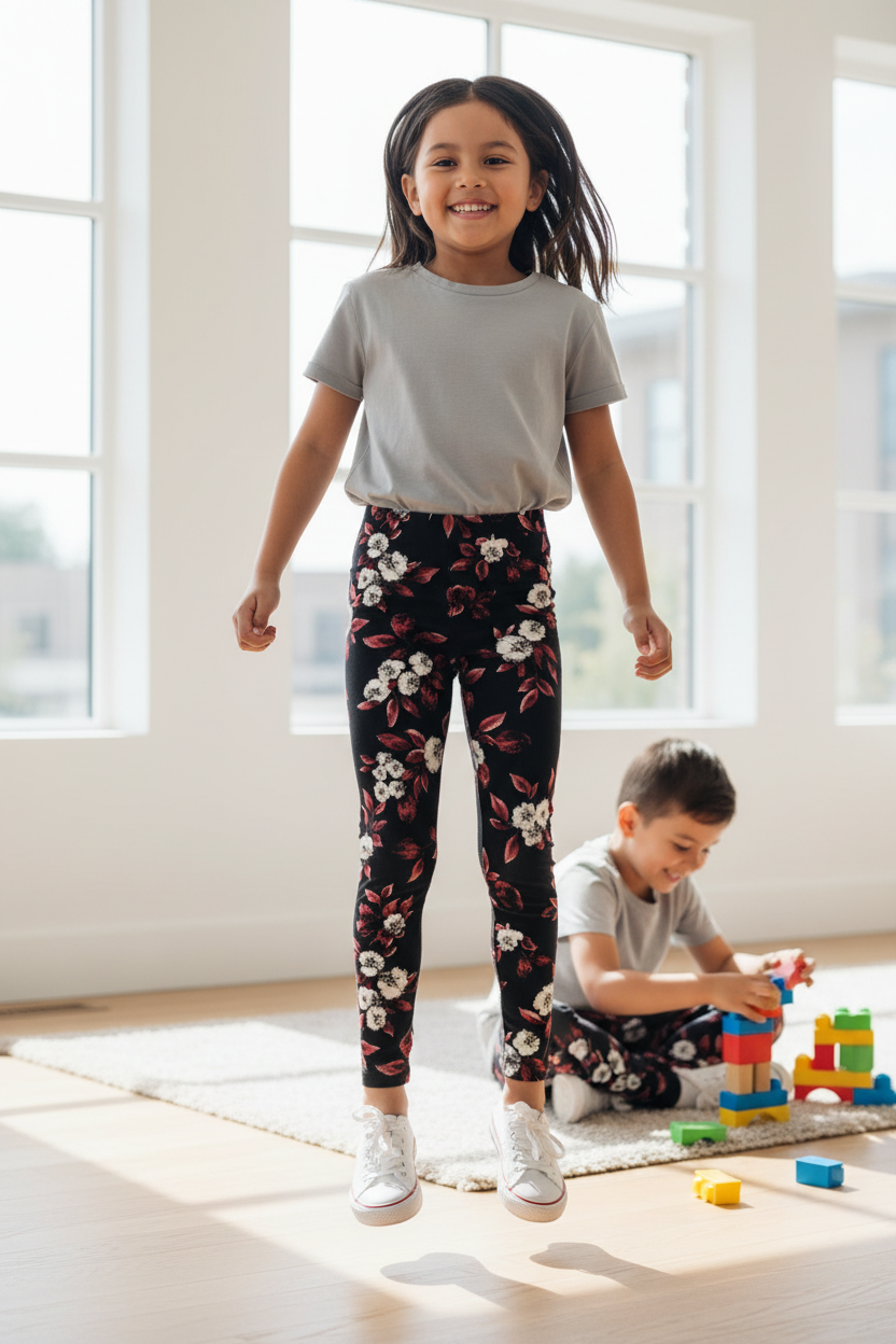Child wearing Nocturnal Bloom leggings - lifestyle