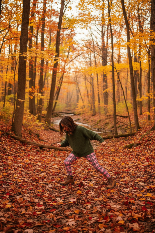 Child wearing Plaid to Meet You leggings - fall forest
