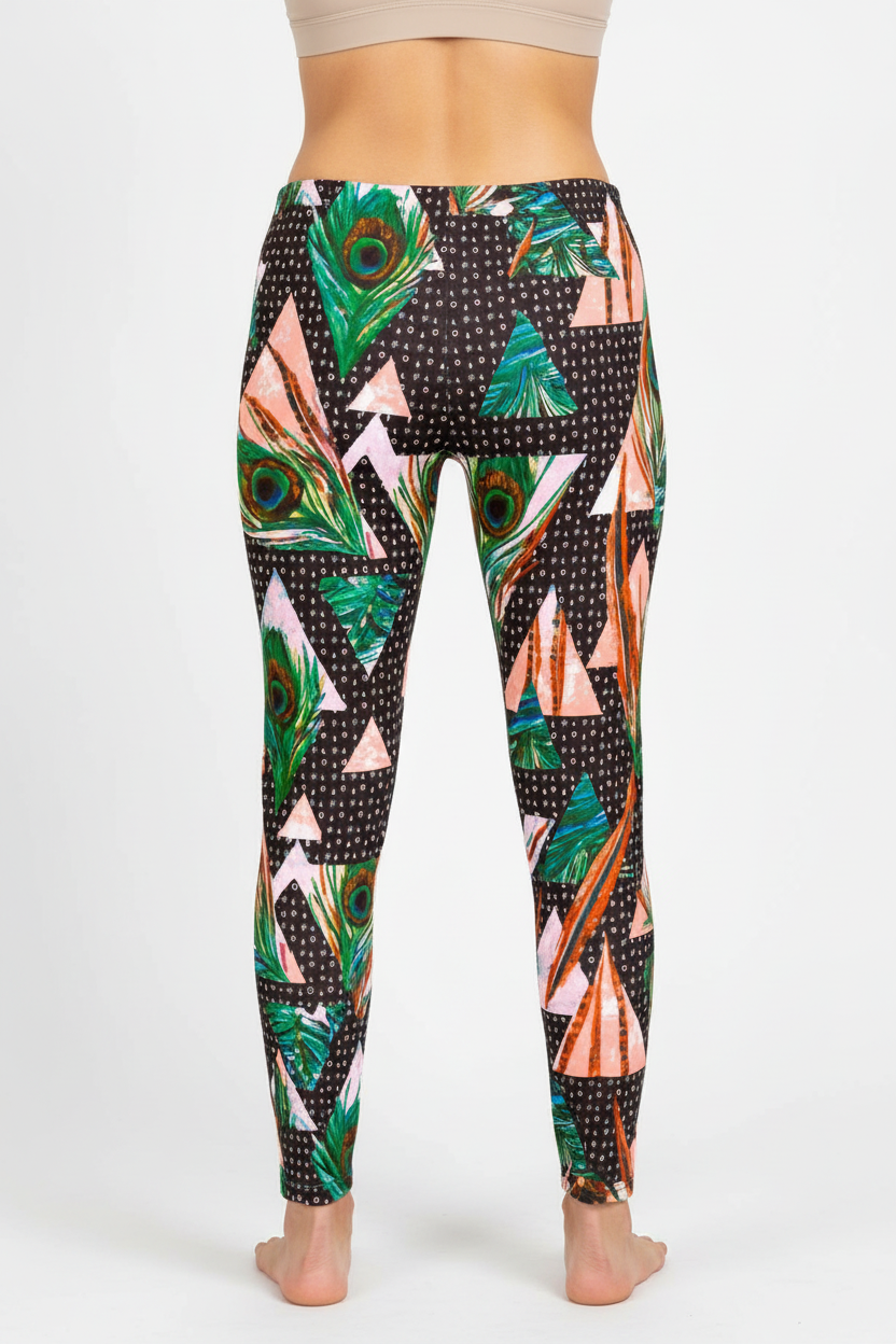 Feathered Peacock leggings back view showing fit and exotic feather print coverage