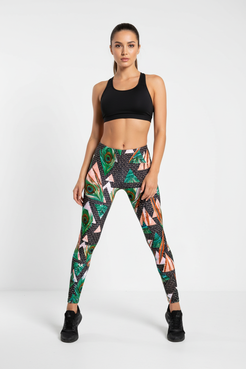 Feathered Peacock leggings front view with model showing stunning vibrant peacock feather print