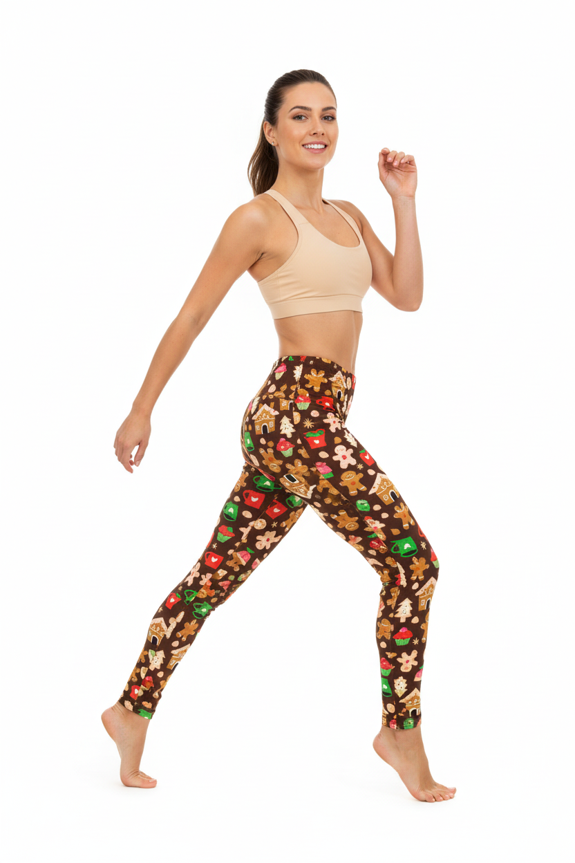 Gingerbread Man printed leggings lifestyle front view