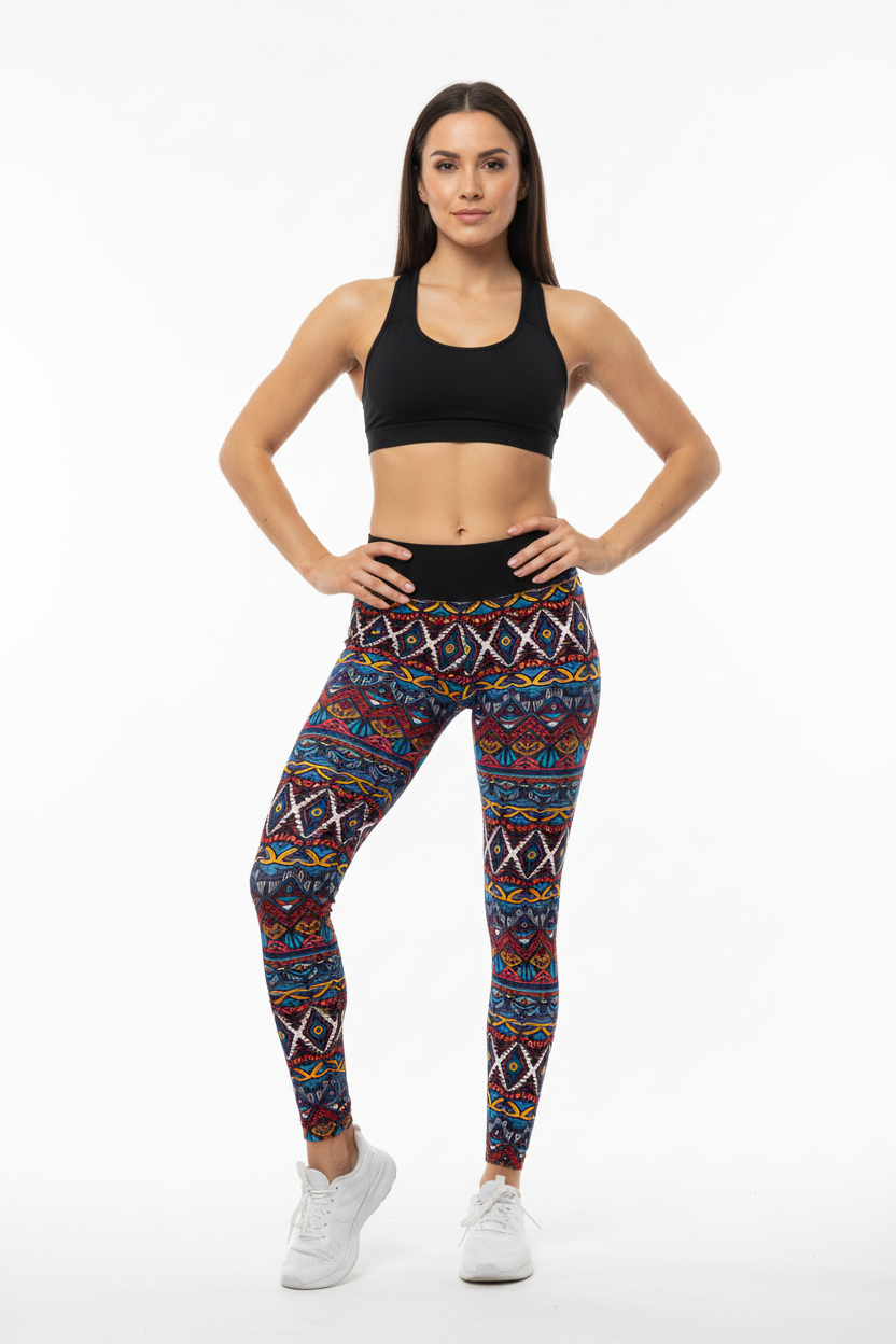 Modern Stitches leggings front view with model showing unique stitched pattern print