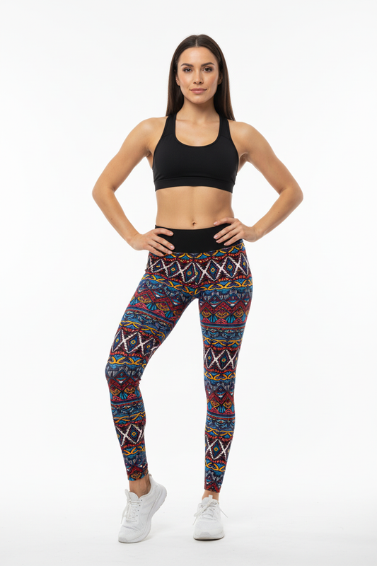 Modern Stitches leggings front view with model showing unique stitched pattern print