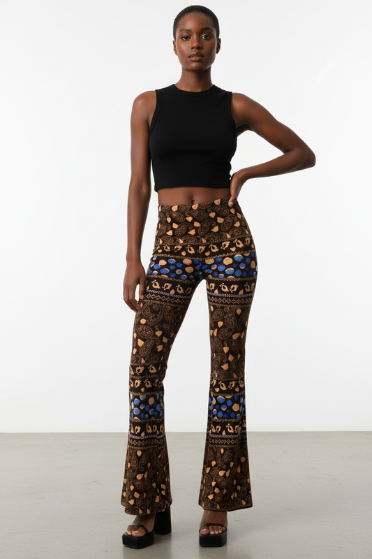 Leaves leggings front view with model showing vibrant botanical leaf print