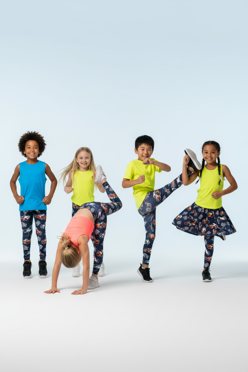 Kids models wearing printed leggings
