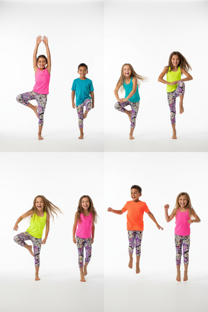 Kids models wearing printed leggings
