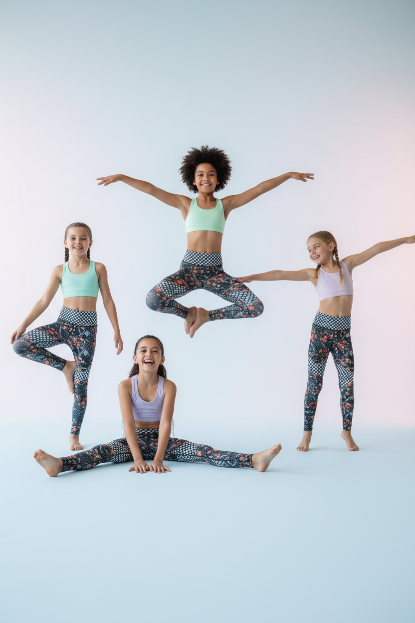 Kids models wearing Quilted Gardens leggings
