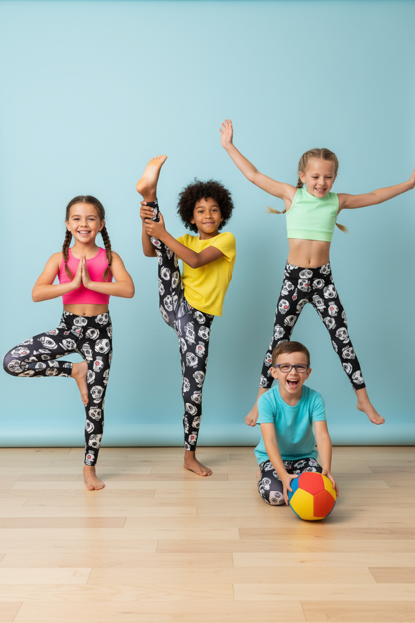 Kids models wearing robot print leggings