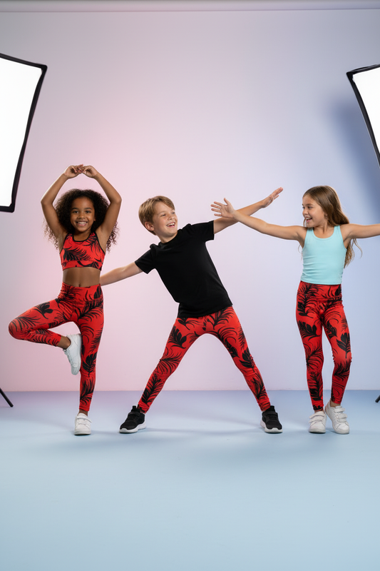 Kids models wearing scarlet feather print leggings