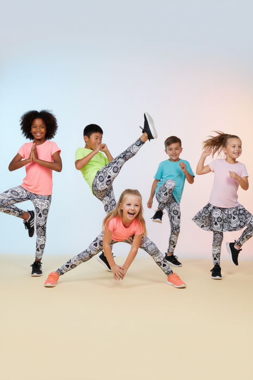 Kids models wearing sugar skull print leggings