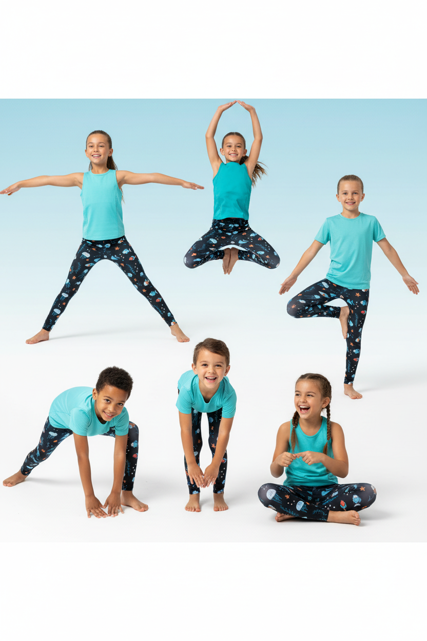 Kids models wearing under the sea print leggings