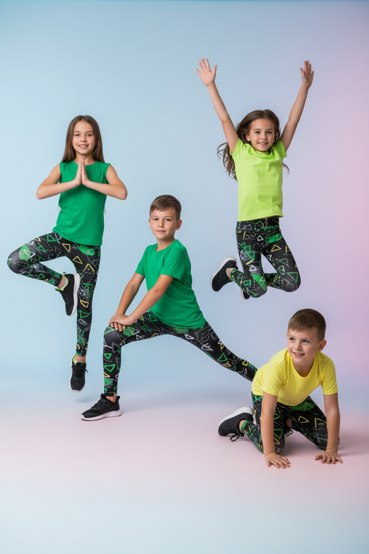 Kids models wearing vibrant printed leggings