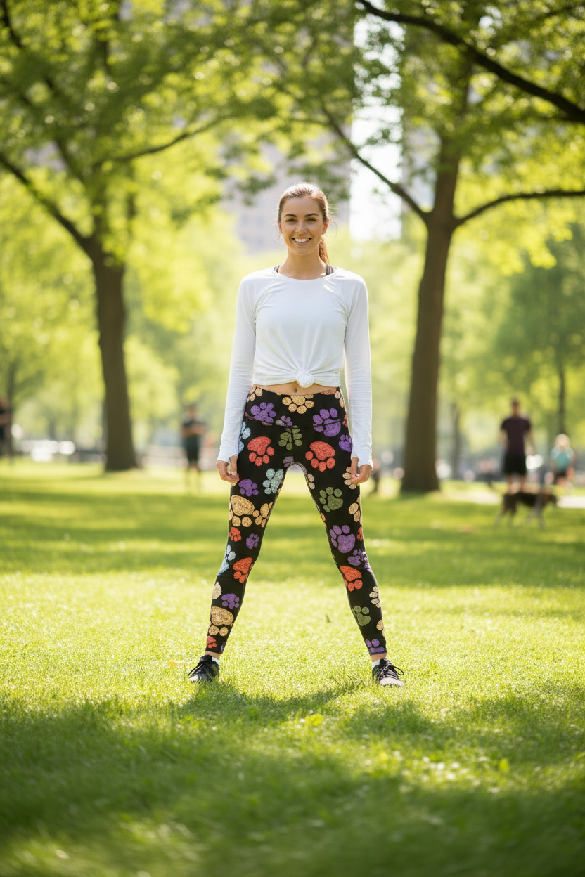 Woman wearing Pitter Patter leggings - full length standing